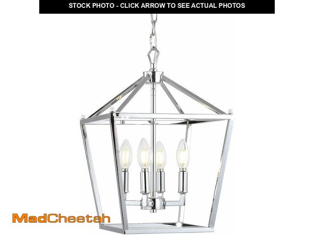 Lot 74-14348811 - JONATHAN Y 12" Chrome Lantern Pendant Light, 1-Light Pagoda Style Metal Cage Farmhouse Hanging Ceili...