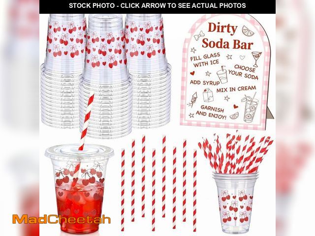 Lot 74-14207980 - Domensi 30set /61 Pcs Dirty Soda Bar Supplies Include 1 Pcs Wooden Soda Bar Sign 30pcs 12oz Cherry B...