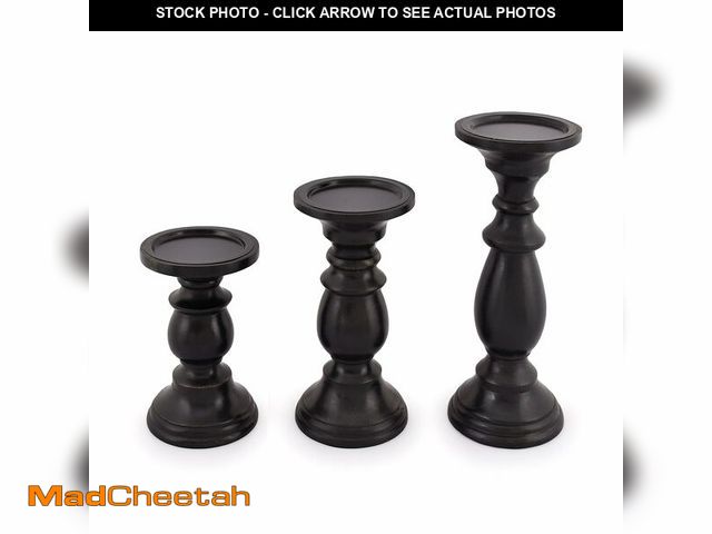 Lot 74-13548033 - SAMHITA Set of 3 Farmhouse Mango Wood Candle Holders, in Black Finish for Table Centerpiece Candle f...