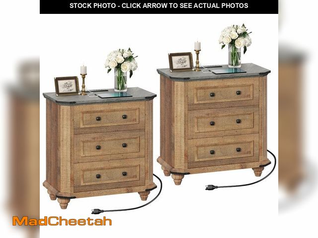Lot 74-12820272 - DWVO Nightstand Set of 2 with Charging Station, 29" Wide Farmhouse Bedside Table with 3 Drawers, Woo...