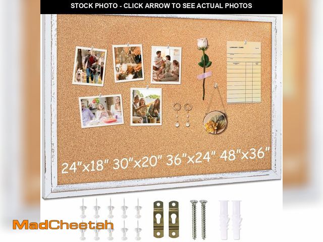 Lot 74-14283283 - DOLLAR BOSS White Cork Board for Wall - 24 X 18 Inches, Rustic Wooden Frame Bulletin Board, Decorati...
