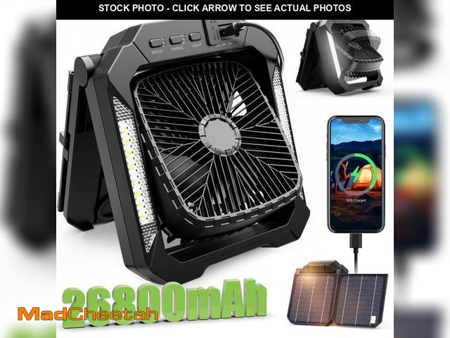 Lot 74-12154873 - Veubew Camping Fan with LED Lantern, 26800mAh Portable Rechargeable Outdoor Fan with 18W Detachable ...
