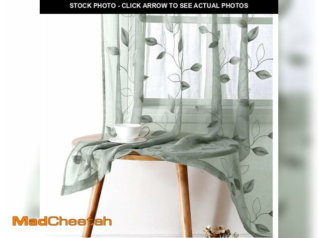 Lot 74-10901880 - HOMEIDEAS Sage Green Sheer Curtains 52 X 63 Inches Length 2 Panels Embroidered Leaf Pattern Pocket F...