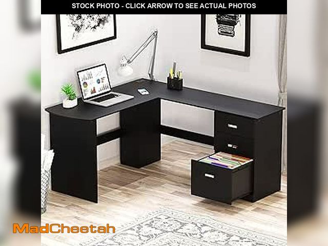 Lot 74-12695065 - SHW 51 x 59 Inches L-Shaped Home Office Wood Corner Desk with Box Box File Drawers, Black - UNUSED