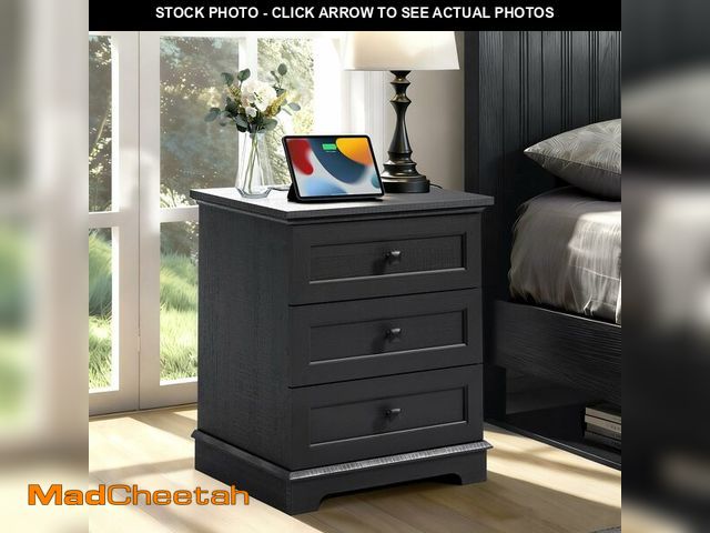 Lot 74-13818451 - 20-Inch Wide Modern Nightstand with Charging Station, End Table with 3 Large Drawers, Simple Design ...