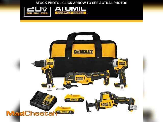 Lot 74-12796991 - DEWALT ATOMIC 20-Volt Lithium-Ion Cordless Brushless Combo Kit (4-Tool) with (2) 2.0Ah Batteries, Ch...