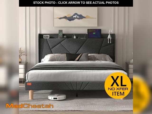 Lot 74-13054544 - NISIEN Full Size Bed Frame with Charging Station, Upholstered Platform Bed with Wingback Storage Hea...