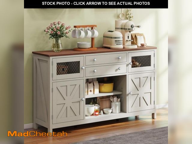 Lot 74-12386329 - YITAHOME Sideboard Buffer Cabinet with 2 Large Drawers &amp; Visual Grid Door, 59" Rustic TV Media C...