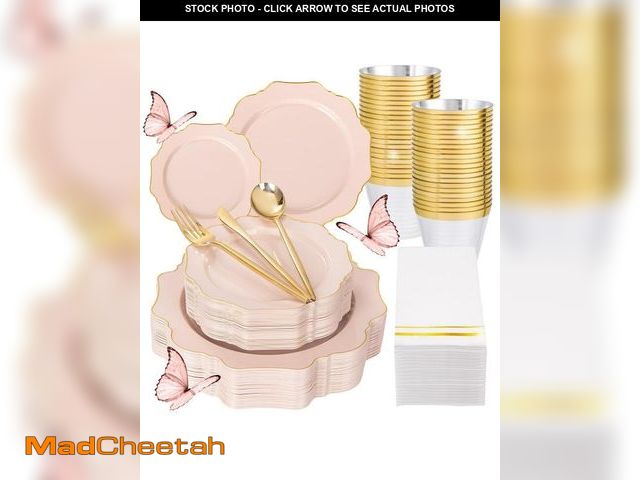 Lot 74-12444211 - WDF 175Pcs Pink Plastic Plates - Pink and Gold Plates Disposable 25guest Plastic Dinnerware Ideal fo...