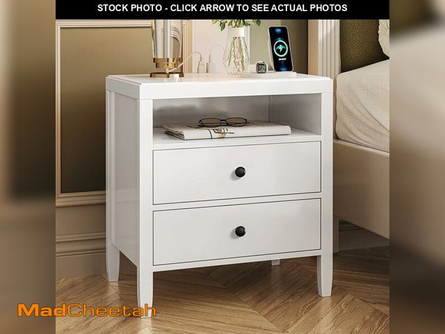 Lot 74-14611173 - Huuger Nightstand with Charging Station, White Nightstand with 2 Drawers - UNUSED