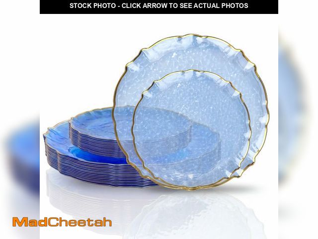 Lot 74-14424382 - bUCLA 40PCS Clear Blue Plastic Plates - Hammered Disposable Plates with Gold Lace-Edge - Include 20 ...