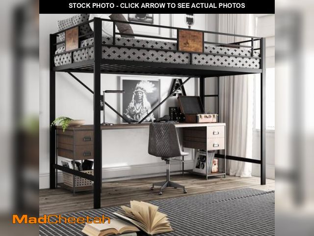 Lot 74-12197112 - Amolife Metal Twin Size Loft Bed Frame with Stairs &amp; Full-Length Guardrail  Rustic Wood  Black F...