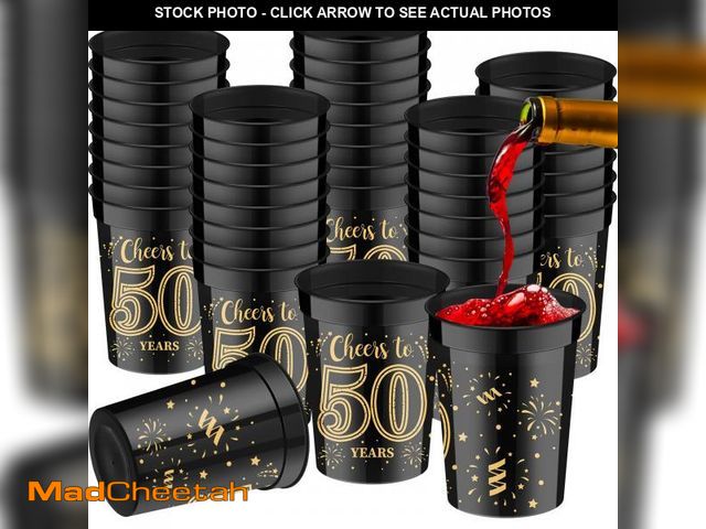 Lot 74-11545618 - 40 Pack 50th Birthday Cups Cheers to 50 Years Birthday Party Cups Gold and Black Plastic Stadium for...