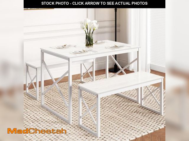 Lot 74-12488222 - VECELO Dining Table with 2 Benches for 4, 43.3'' Wood Kitchen Room Dinette Sets with Metal Frame for...