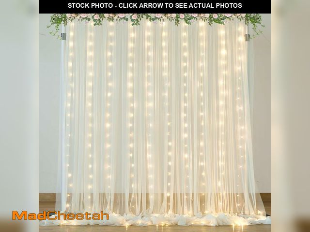 Lot 74-14049213 - Ivory Sheer Backdrop Curtains with Lights String for Parites Wedding 10Ãâ8ft Tulle Backdrop Curta...