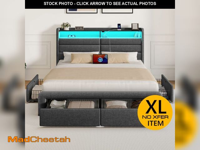 Lot 74-13647309 - Seventable Queen Size Bed Frame with 4 Storage Drawers &amp; Charging Station, Upholstered Platform ...