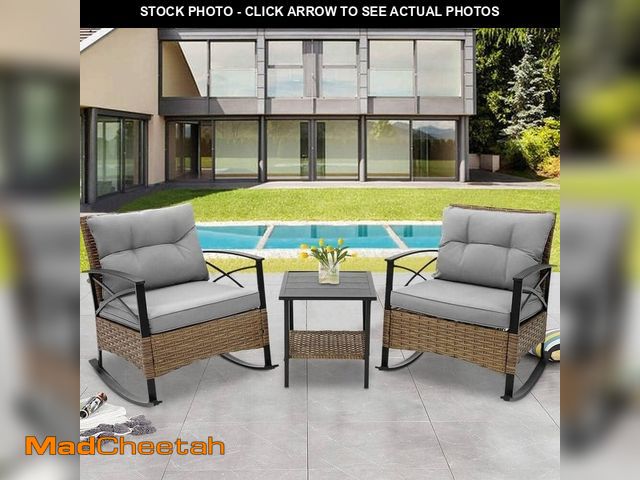 Lot 74-12659499 - BTMWAY Modern Classic Patio 3-Piece PE Wicker Outdoor Rocking Chair Set with Coffee Table and Gray C...