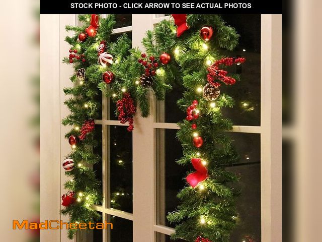 Lot 74-13710185 - MorTime 9 FT LED Christmas Garland with Pinecones Red Berries Bows Christmas Balls Candies, Multi-Fu...