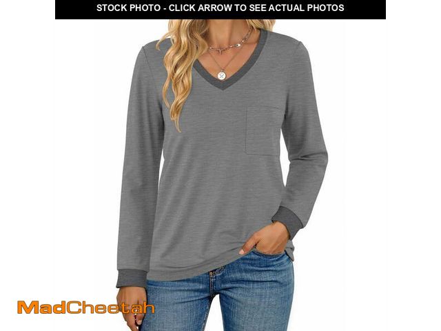 Lot 74-12670414 - MOSHU Color Block T Shirts for Women V Neck Long Sleeve Womens Shirts Loose Fall Tops with Pocket - ...
