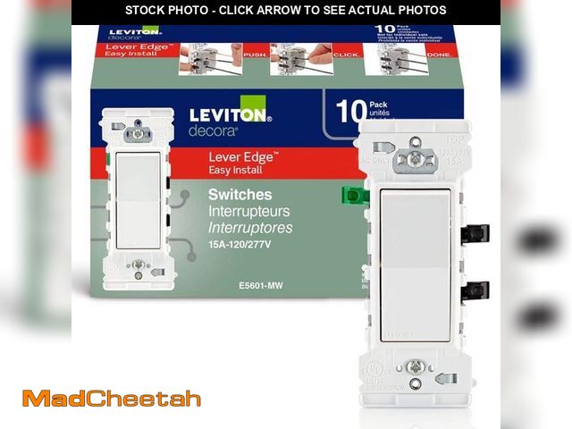 Lot 74-12681604 - (MISSING ONE ) Leviton Decora Lever Edge 15 Amp 120/277 Volt Single Pole Switch, White (9-Pack) E560...