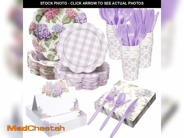Lot 74-13548279 - Shellwei 410 Pcs Purple Hydrangea Tea Party Decorations Elegant Floral Paper Plates and Napkins Set ...