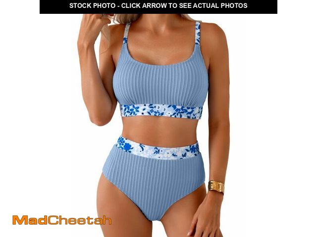 Lot 74-13625676 - Herseas Women's Textured Bikini Sets Floral Trim Scoop Neck Padded Modest Swimsuits High Waisted Sli...