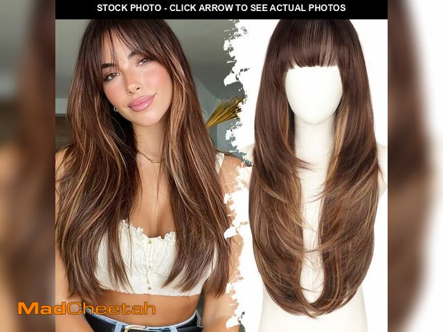 Lot 74-12700211 - Eawwii Long Brown Highlight Wig with Bangs for Women,4x4 Realistic Scalp,Free Parting,Layered Hairst...