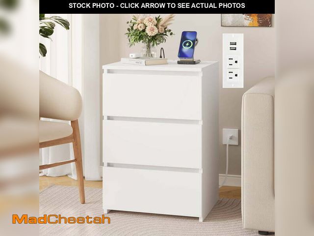 Lot 74-14311071 - Homfa 3 Drawers Nightstand with Charging Station, Side Table with Storage for Living Room, White Bed...