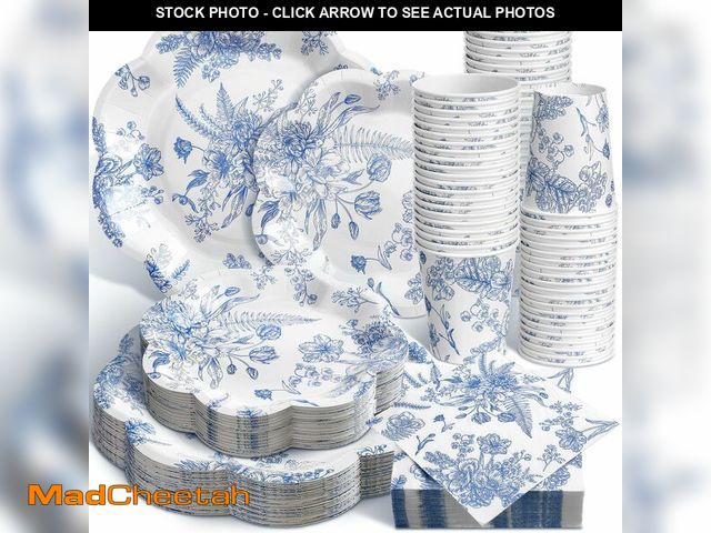 Lot 74-14150927 - Newtay 250 Pcs Blue Floral Disposable Plates and Napkins Blue and White Floral Paper Tableware Set f...