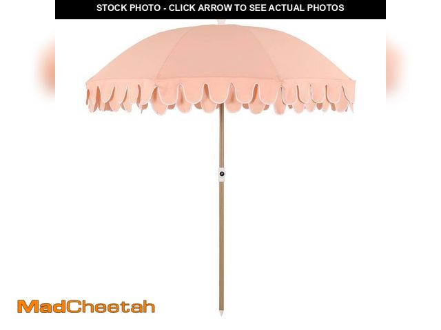 Lot 74-13778754 - JONATHAN Y Horizon 6.5 ft. Classic MidCentury Scalloped Fringe Market Beach Umbrella in Coral Pink/W...