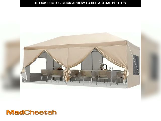 Lot 74-13071204 - Khaki Pop-Up Canopy Tent 10x20 ft with 6 Removable Sidewalls, Waterproof &amp; UV-Resistant, Center ...