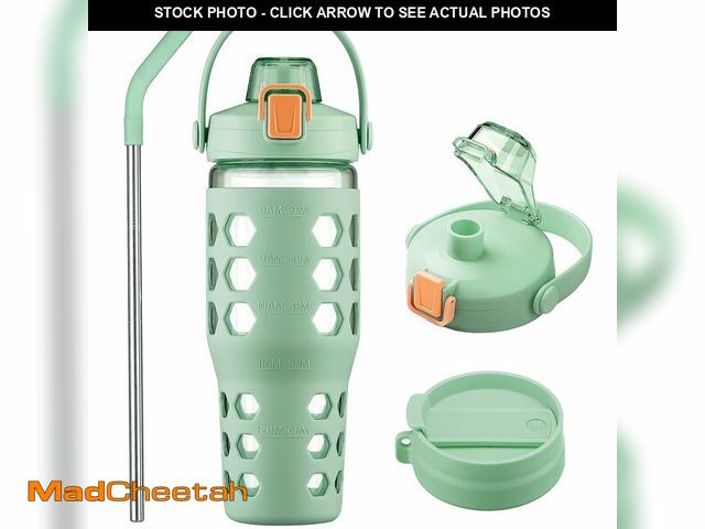 Lot 74-12703925 - MUKOKO 32 oz Glass Tumbler with Straw,Glass Water Bottles with Time Marker,Iced Coffee Cup with 2 Li...