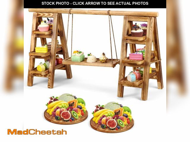 Lot 74-12697405 - 3 Tier Wooden Cupcake Stand, Wooden Serving Tray Set Cake Swing Stand with 2 Pcs Round Tray, Food Di...