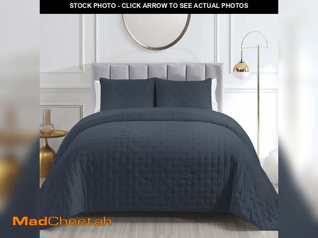 Lot 74-12764555 - Mocaletto Reversible Quilts Set Queen Size, 3 Piece Navy Blue Quilt with Pillow Shams, Point Pattern...