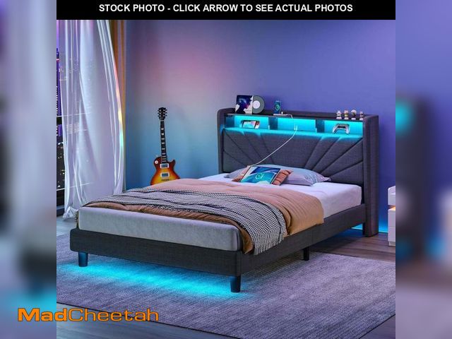 Lot 74-12227305 - Rolanstar Twin Size Bed Frame, Storage Headboard with Charging Station and LED Lights, Upholstered B...