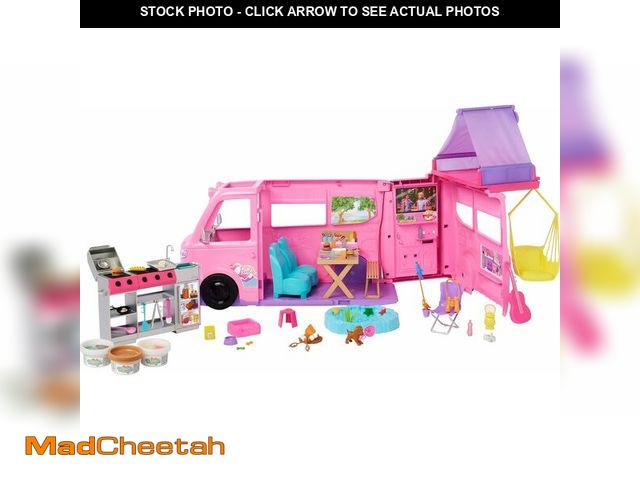 Lot 74-13041157 - Barbie Dream Camper New for 2025 Playset with Roof Tent, Swing Chair, Fishing Pond, BBQ Grill with C...