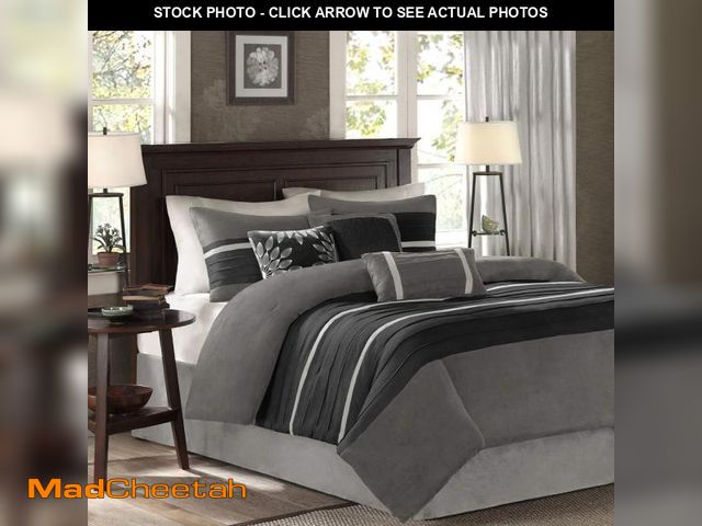 Lot 74-12396801 - Madison Park - Palmer 7 Piece Comforter Set - Black and Gray - California King - Pieced Microsuede -...
