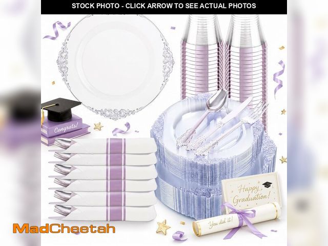 Lot 74-14209558 - Hioasis 175pcs Clear and Purple Plates - Purple Party Plates for 25 Guest, Include 50 Heavy-duty Pla...