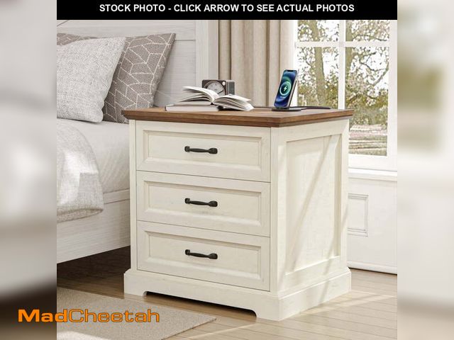 Lot 74-14585145 - Hommpa Farmhouse 3 Drawers Nightstand with Charging Station, Rustic Wood Night Stand with Drawers fo...