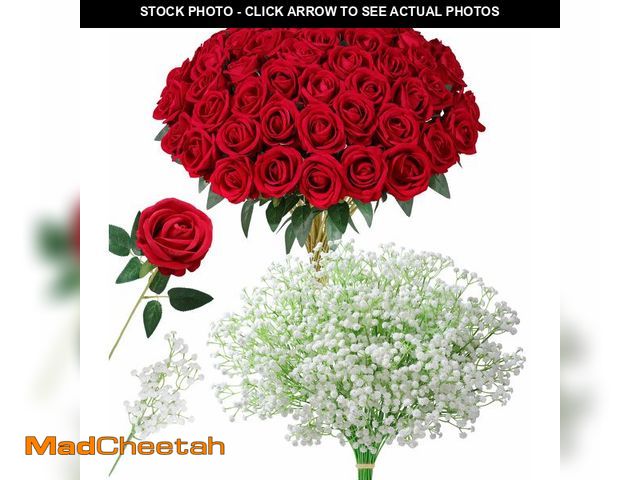 Lot 74-14298141 - HyeFlora 35 PCS Artificial Red Roses with 15 PCS Fake Baby Breath Realistic Fake Flowers Bouquet wit...