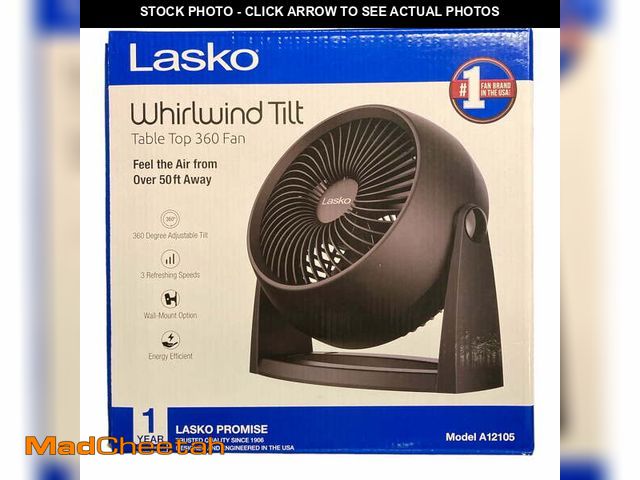Lot 74-12686655 - Lasko Whirlwind Tilt 12" Table Fan with Wall-Mount Option, Black - USED