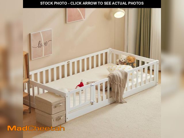 Lot 74-12513164 - Zimtown Montessori Floor Bed Frame, Twin Size Bed with Fence and Door, Wooden Platform Bed, White - ...