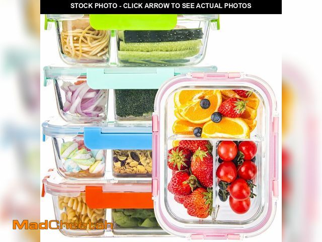 Lot 74-13543448 - Glass Food Storage Containers 3 Compartment with Lids (5 Pack, 34oz), Divided Glass Meal Prep Contai...