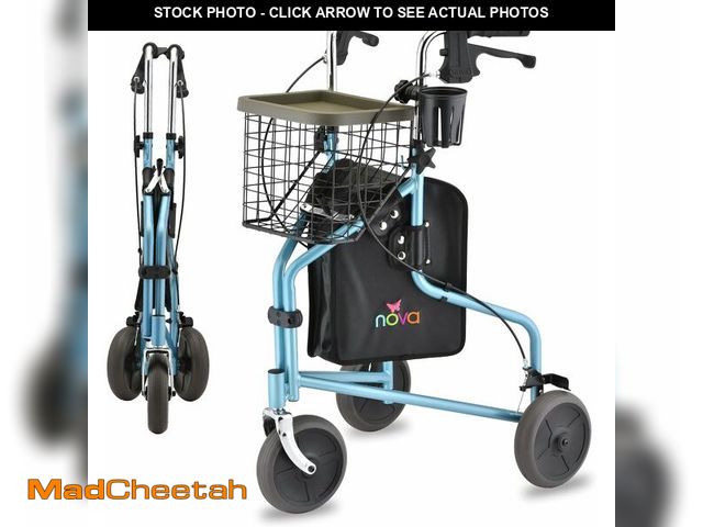 Lot 74-14305085 - NOVA Traveler Folding 3-Wheel Walker with Tray, Basket, Pouch &amp; Cup Holder, Lightweight Mobility...