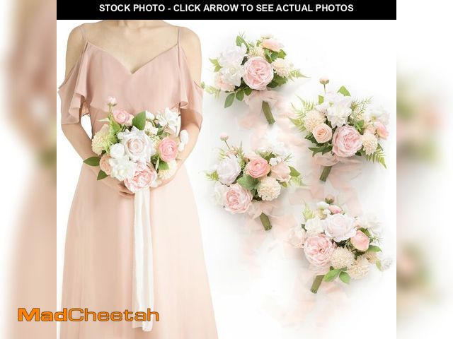 Lot 74-12604871 - Ling's moment Artificial Flowers Pink Bridesmaid Bouquet Set of 4, Blush &amp; Cream Wedding Flowers...