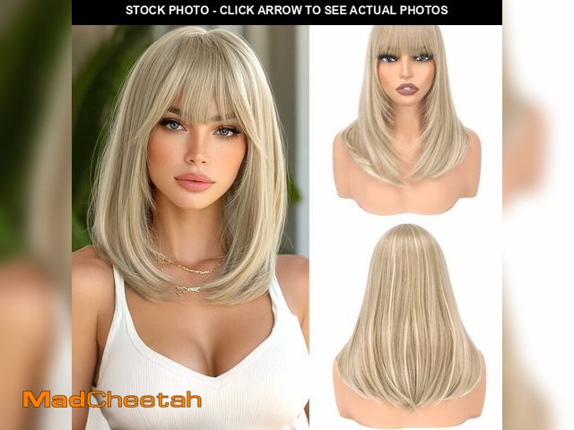 Lot 74-14048544 - Haloo Blonde Bob Wigs with Bangs Shoulder Length Straight Natural Looking Synthetic Heat Resistant M...
