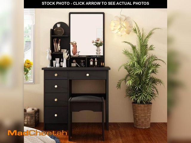 Lot 74-12774073 - FUFU&amp;GAGA 5-Drawers Black Makeup Vanity Sets Wood Dressing Sets With Big Mirror, Stool and 3-Tie...