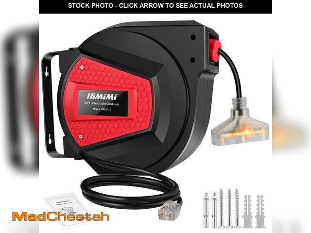 Lot 74-14060318 - Himimi Retractable Extension Cord Reel, 50FT 14AWG/3C Power Cord Reel for Garage Workshop, Wall/Ceil...