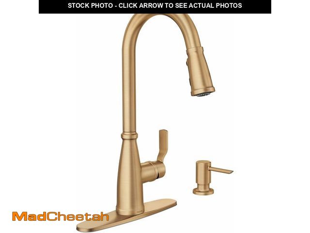 Lot 74-13680133 - Moen Nolia Brushed Gold Kitchen Faucet with Soap Dispenser, Pull Down Sprayer with Power Boost, Tran...