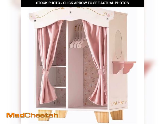 Lot 74-14067558 - ROBUD Wooden Play Armoire Closet for Dolls, Doll Closet Furniture Wardrobe with 5 Hangers, Mirror, V...